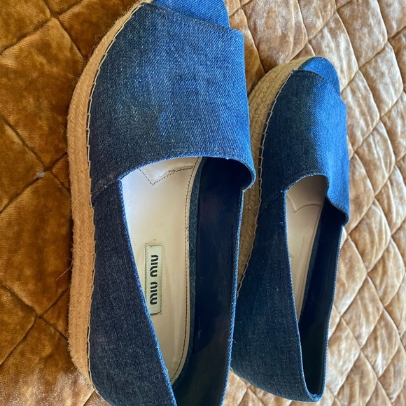 Miu Miu Pre Loved Miui Miu Peeptoe Platform Espadrilles in Blue Denim Heels - Picture 3 of 5